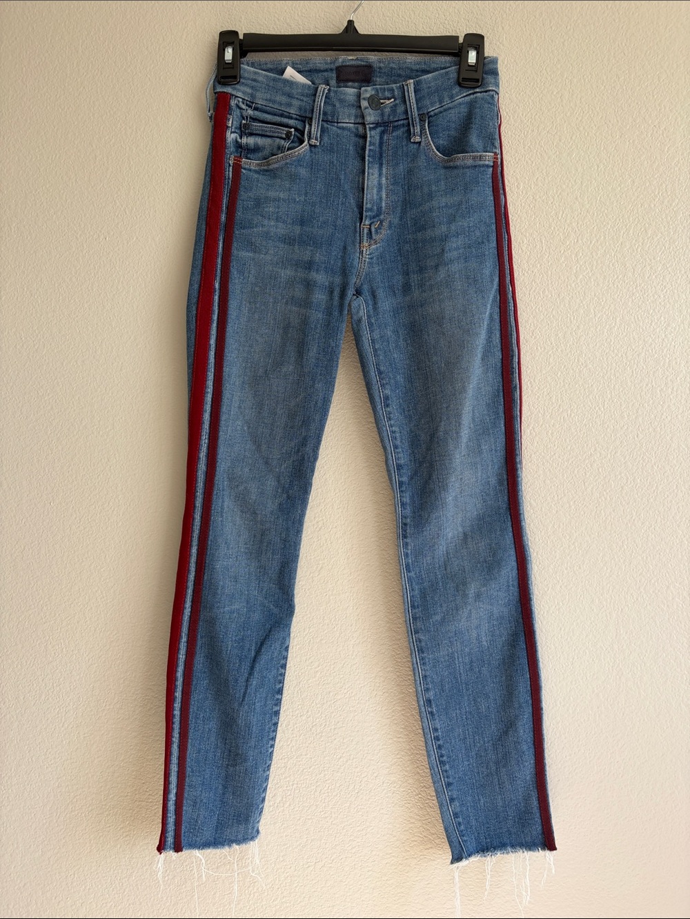 MOTHER Straight Leg Jeans with Red Side Stripes - Blue